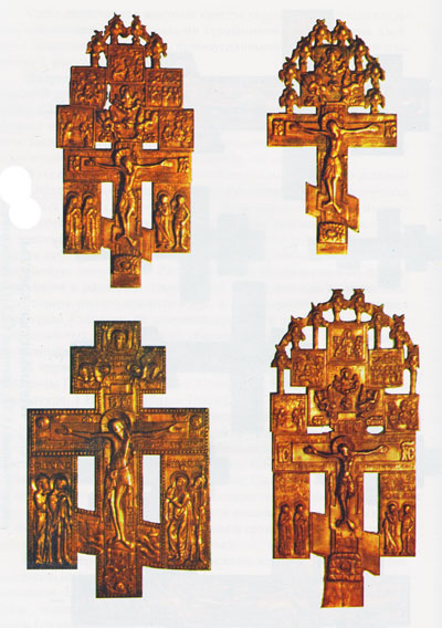 Меднолитые киотные кресты с дополнительными элементами: серафимами, изображениями праздников и фигурами предстоящих